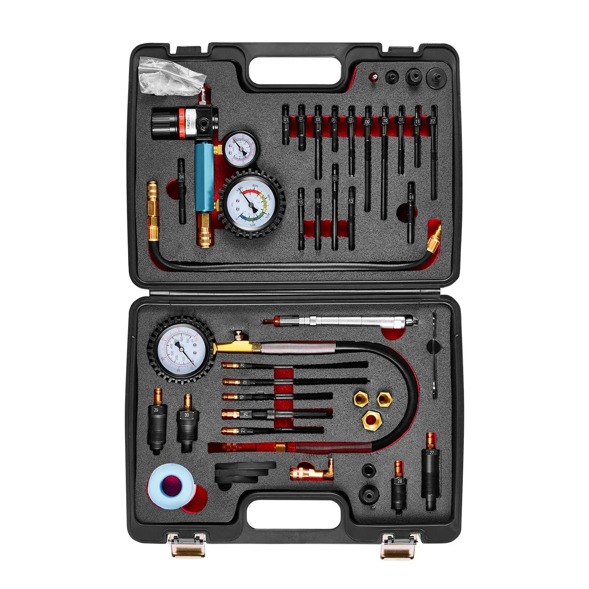 VEVOR Engine Cylinder Compression and Leak Tester Kit with 0–48.3 bar Pressure Gauge and 0–6.9 bar Leak Gauge, Automotive Leak Test Kit with 4 Adapters for Cars and Motorcycles