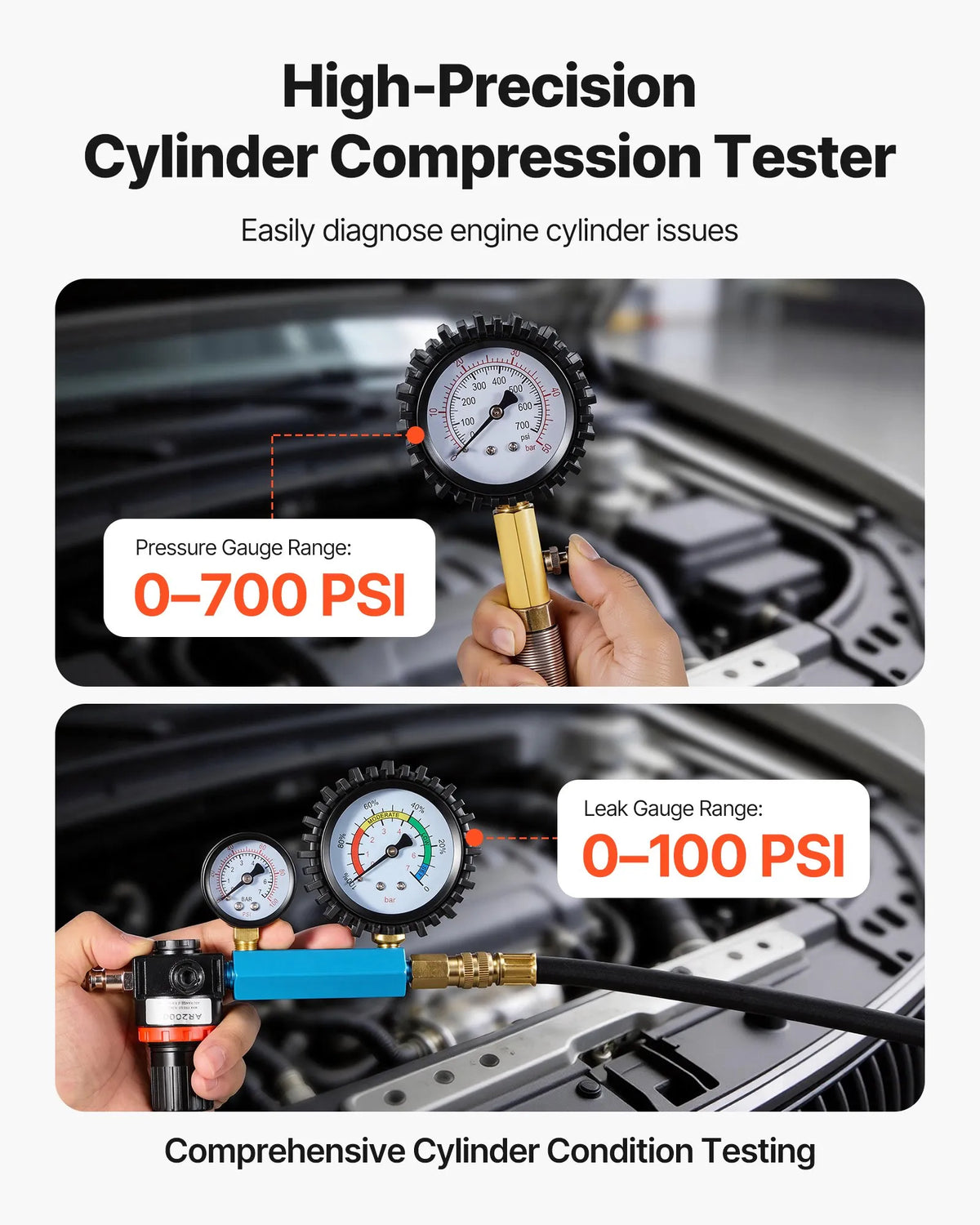 VEVOR Engine Cylinder Compression and Leak Tester Kit with 0–48.3 bar Pressure Gauge and 0–6.9 bar Leak Gauge, Automotive Leak Test Kit with 4 Adapters for Cars and Motorcycles