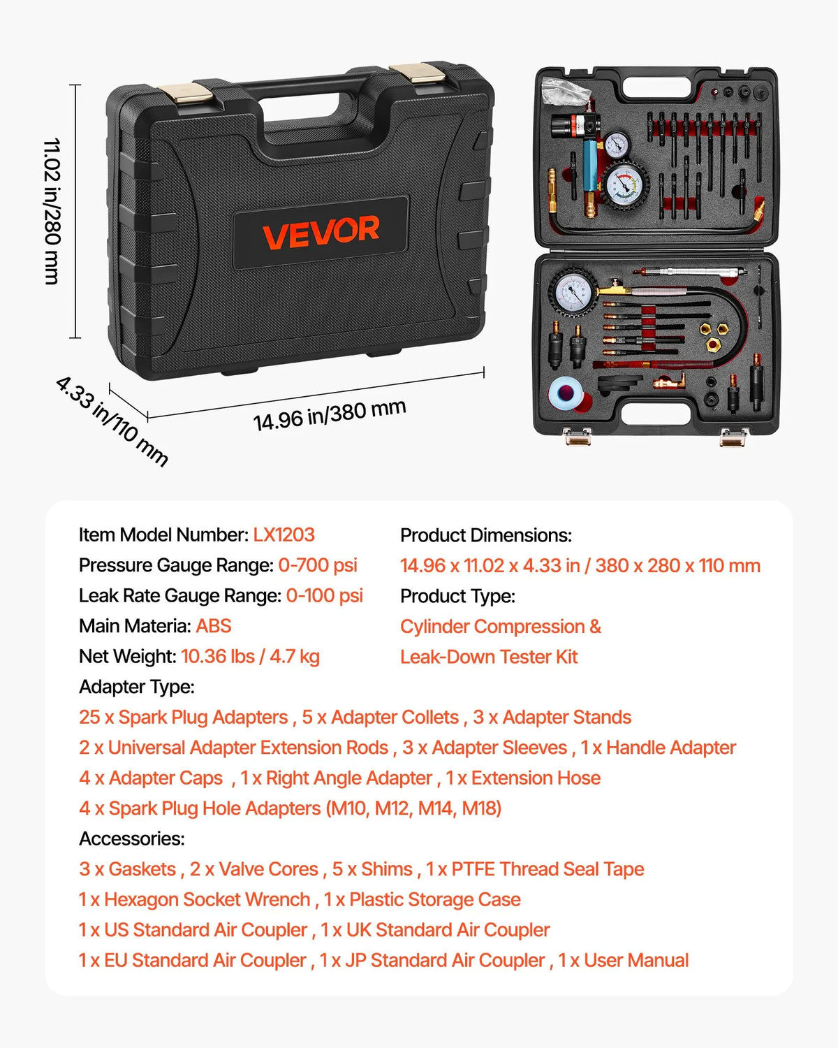 VEVOR Engine Cylinder Compression and Leak Tester Kit with 0–48.3 bar Pressure Gauge and 0–6.9 bar Leak Gauge, Automotive Leak Test Kit with 4 Adapters for Cars and Motorcycles