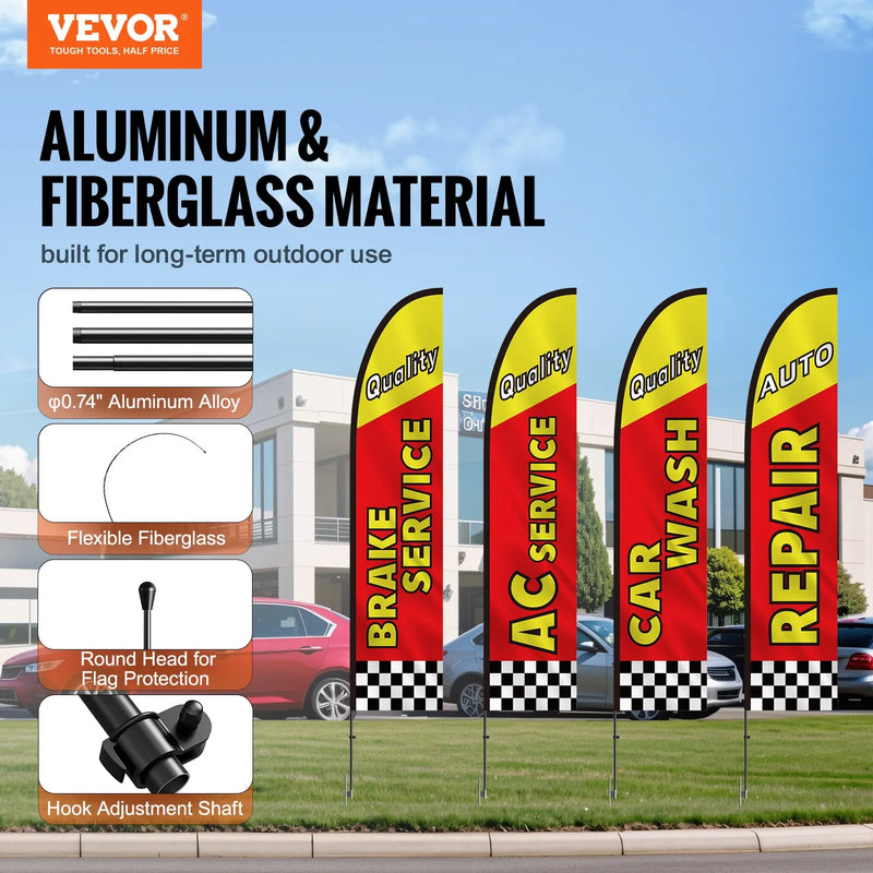 VEVOR auto remonta reklāmas spalvas karogi ar mastu komplektu, āra reklāmas karogi uzņēmumiem, 4 karogi, 4 masti un 4 zemes mieti, augstums 5 m