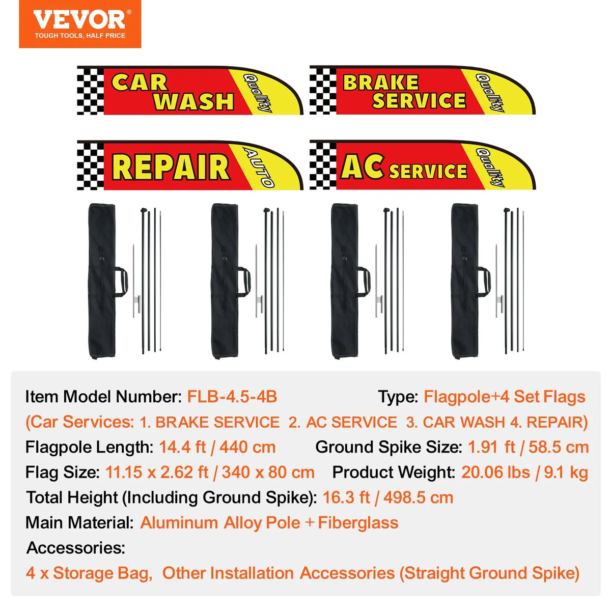 VEVOR Auto Repair Advertising Feather Flags with Pole Kit, Outdoor Business Flags, 4 Flags, 4 Poles and 4 Ground Stakes, 5 m Height