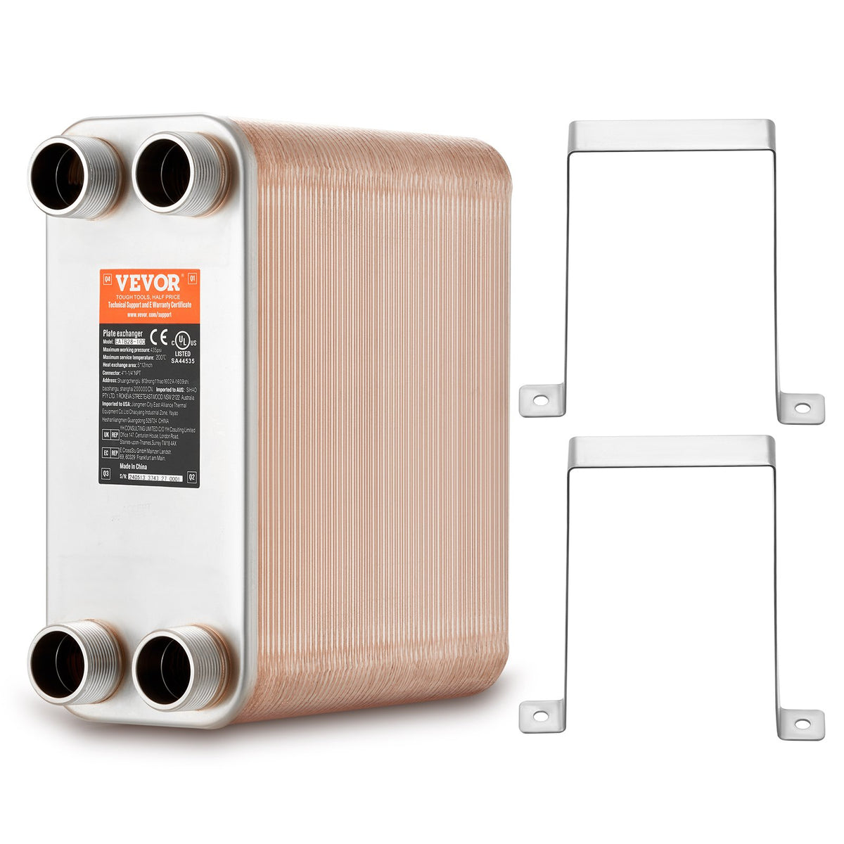 VEVOR 100 Plate Heat Exchanger – 4 x 1-1/4" MNPT Ports, 5" x 12", Brazed 316L Stainless Steel