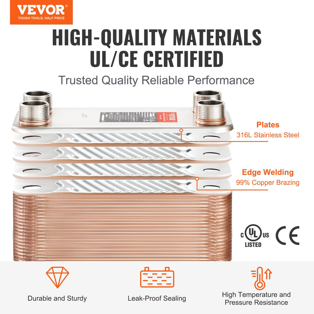 VEVOR 100 Plate Heat Exchanger – 4 x 1-1/4" MNPT Ports, 5" x 12", Brazed 316L Stainless Steel