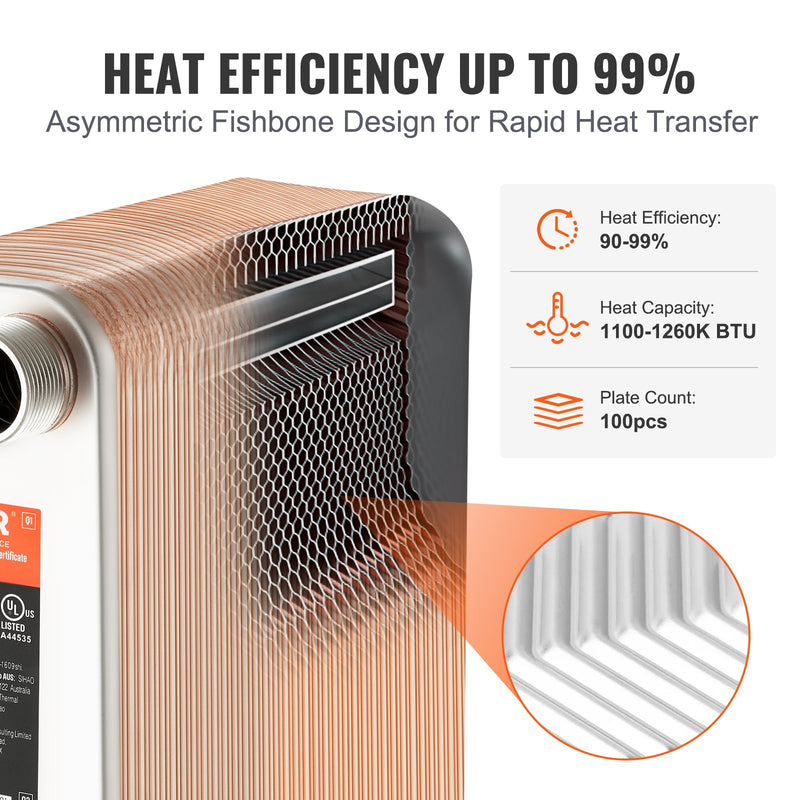 VEVOR 100 plākšņu siltummaiņa – 4 x 1-1/4" порта MNPT, 5" x 12", Brazēts 316L Nerūsējošais Tērauds