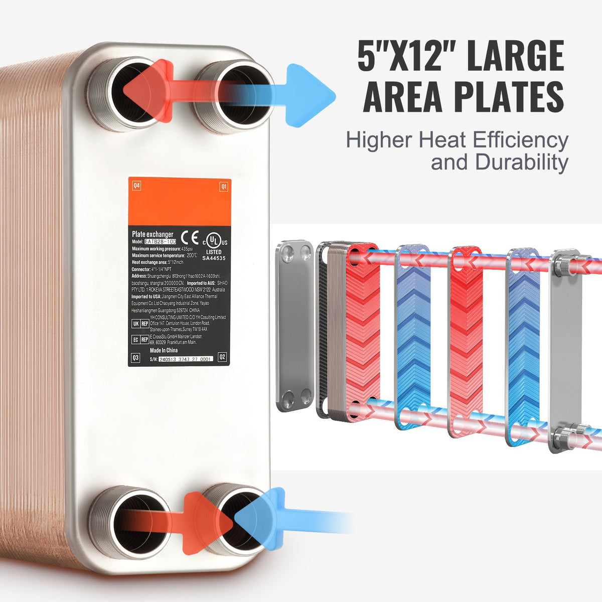 VEVOR 100 Plate Heat Exchanger – 4 x 1-1/4" MNPT Ports, 5" x 12", Brazed 316L Stainless Steel