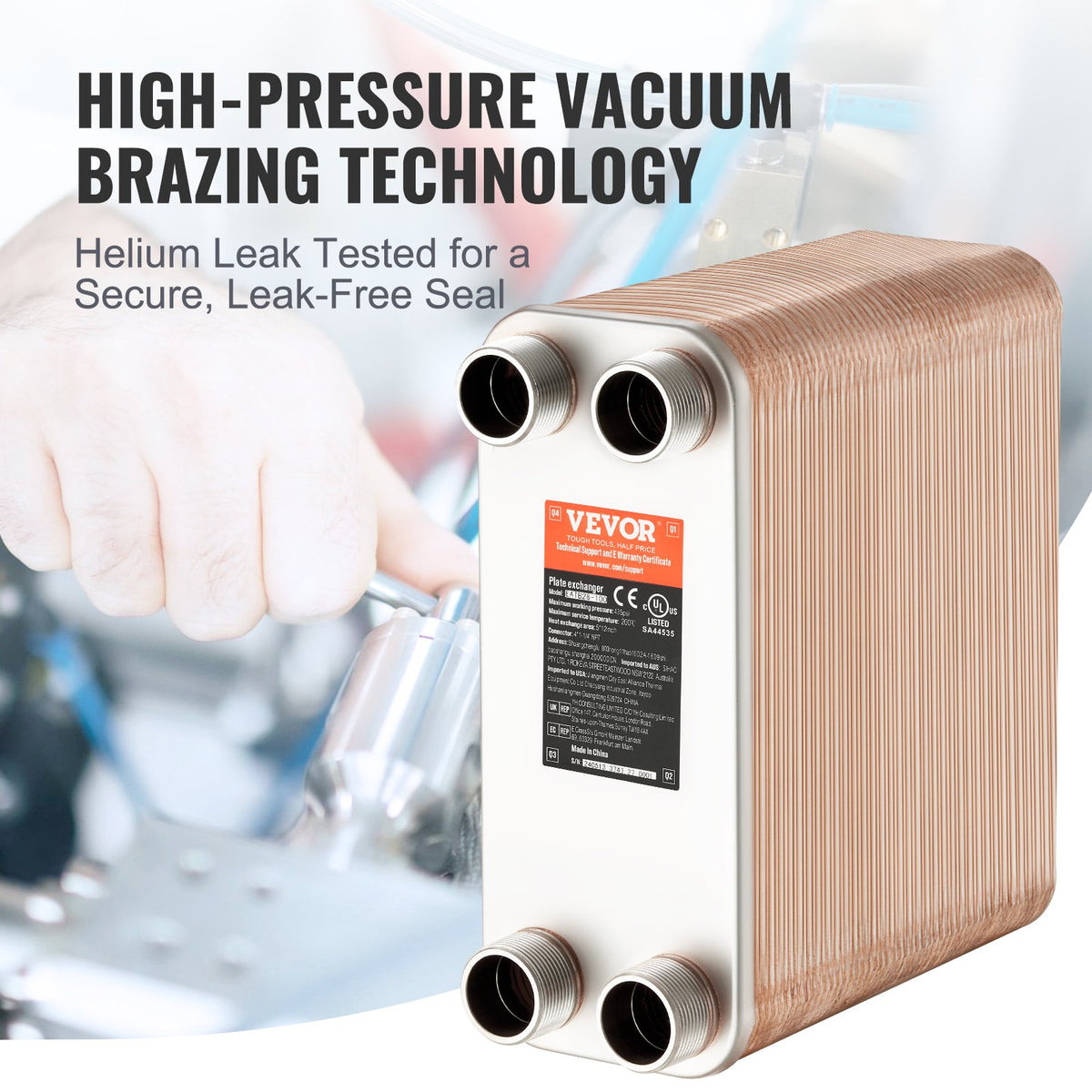 VEVOR 100 Plate Heat Exchanger – 4 x 1-1/4" MNPT Ports, 5" x 12", Brazed 316L Stainless Steel
