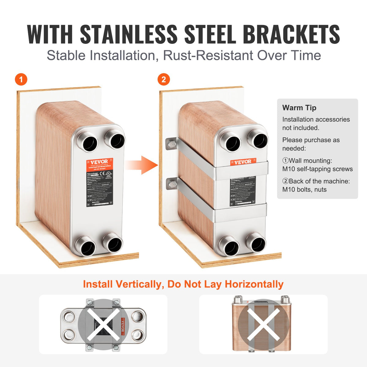 VEVOR 100 Plate Heat Exchanger – 4 x 1-1/4" MNPT Ports, 5" x 12", Brazed 316L Stainless Steel