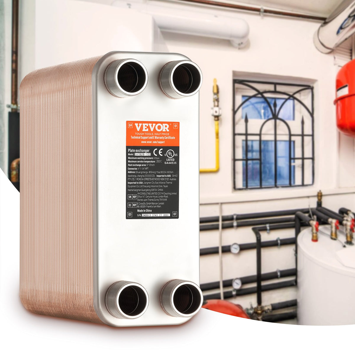 VEVOR 100 Plate Heat Exchanger – 4 x 1-1/4" MNPT Ports, 5" x 12", Brazed 316L Stainless Steel