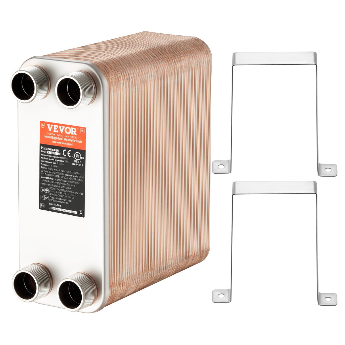 VEVOR 100 Plate Heat Exchanger – 4 x 1-1/4" MNPT Ports, 5" x 12", Brazed 316L Stainless Steel