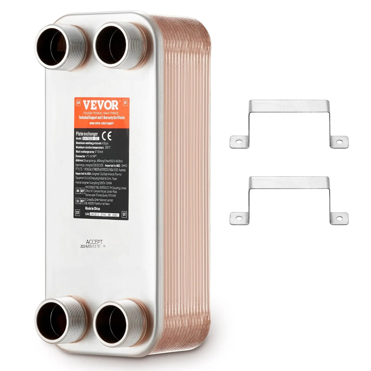 VEVOR Brazed Plate Heat Exchanger, 127 × 305 mm, 30 Plates, Copper and 316L Stainless Steel Water-to-Water Heat Exchanger for Underfloor Heating, Water Heating, Snow Melting and Beer Cooling