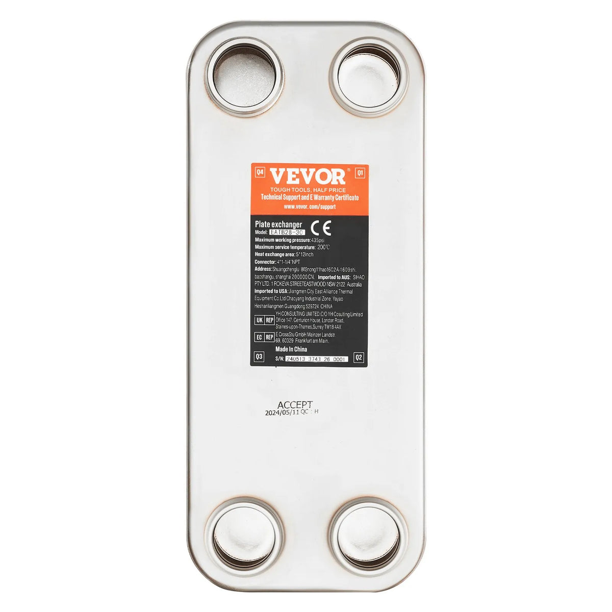 VEVOR Brazed Plate Heat Exchanger, 127 × 305 mm, 30 Plates, Copper and 316L Stainless Steel Water-to-Water Heat Exchanger for Underfloor Heating, Water Heating, Snow Melting and Beer Cooling