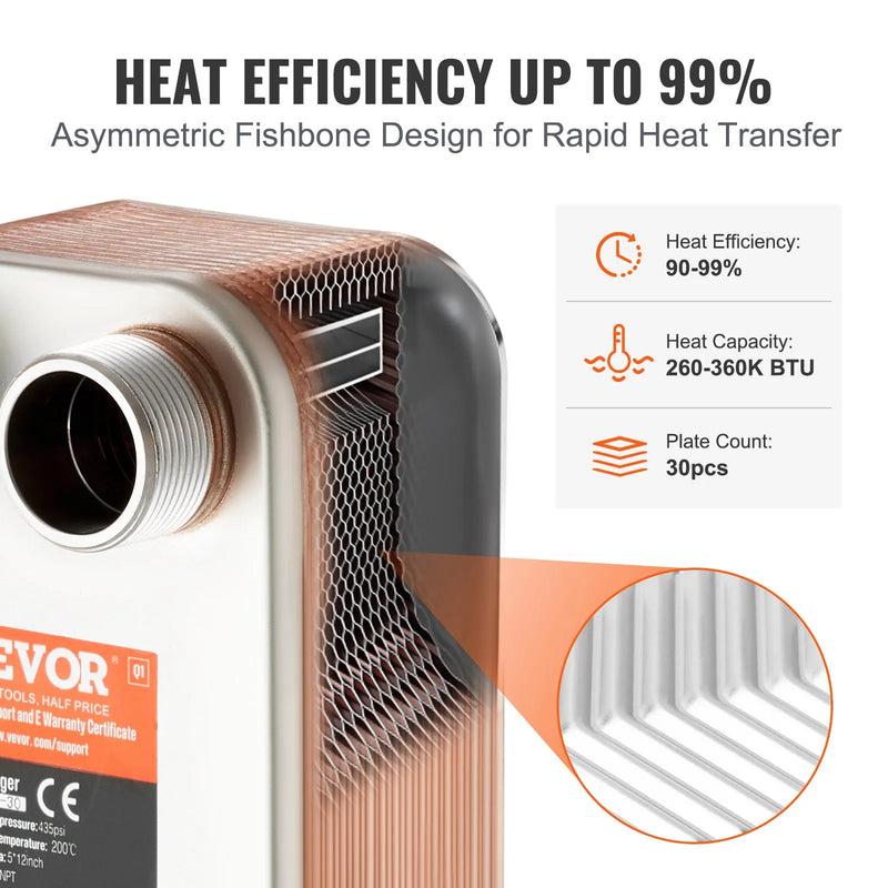 VEVOR lodētais plākšņu siltummainis, 127 × 305 mm, 30 plāksnes, vara un 316L nerūsējošā tērauda ūdens–ūdens siltummainis grīdas apkurei, ūdens sildīšanai, sniega kausēšanai un alus dzesēšanai