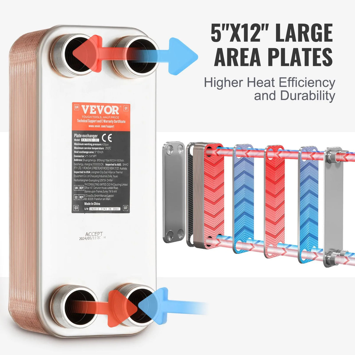 VEVOR Brazed Plate Heat Exchanger, 127 × 305 mm, 30 Plates, Copper and 316L Stainless Steel Water-to-Water Heat Exchanger for Underfloor Heating, Water Heating, Snow Melting and Beer Cooling