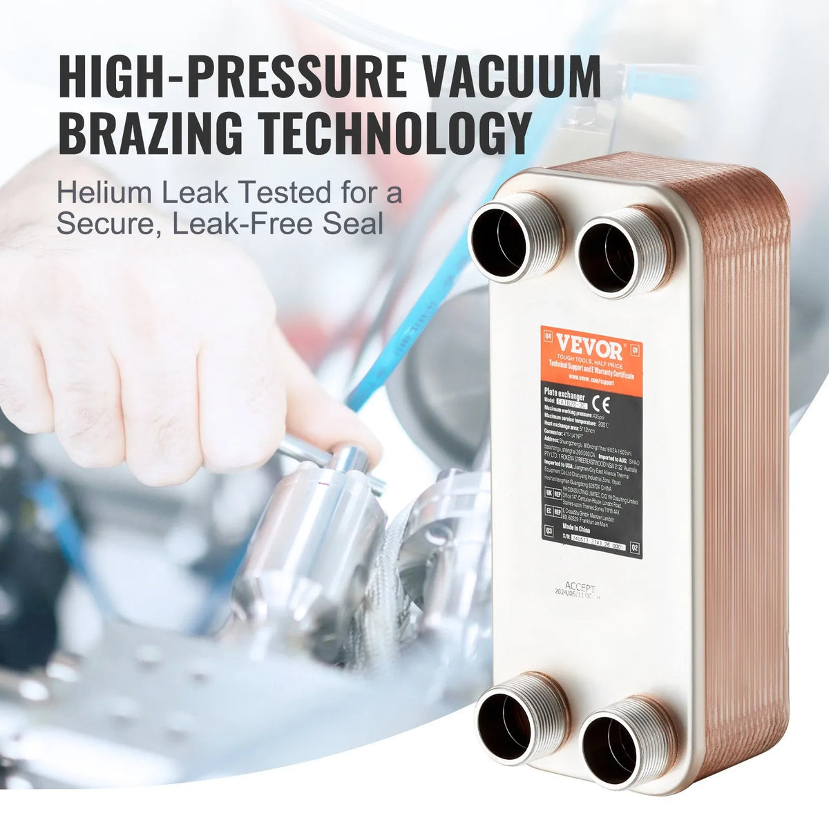 VEVOR Brazed Plate Heat Exchanger, 127 × 305 mm, 30 Plates, Copper and 316L Stainless Steel Water-to-Water Heat Exchanger for Underfloor Heating, Water Heating, Snow Melting and Beer Cooling