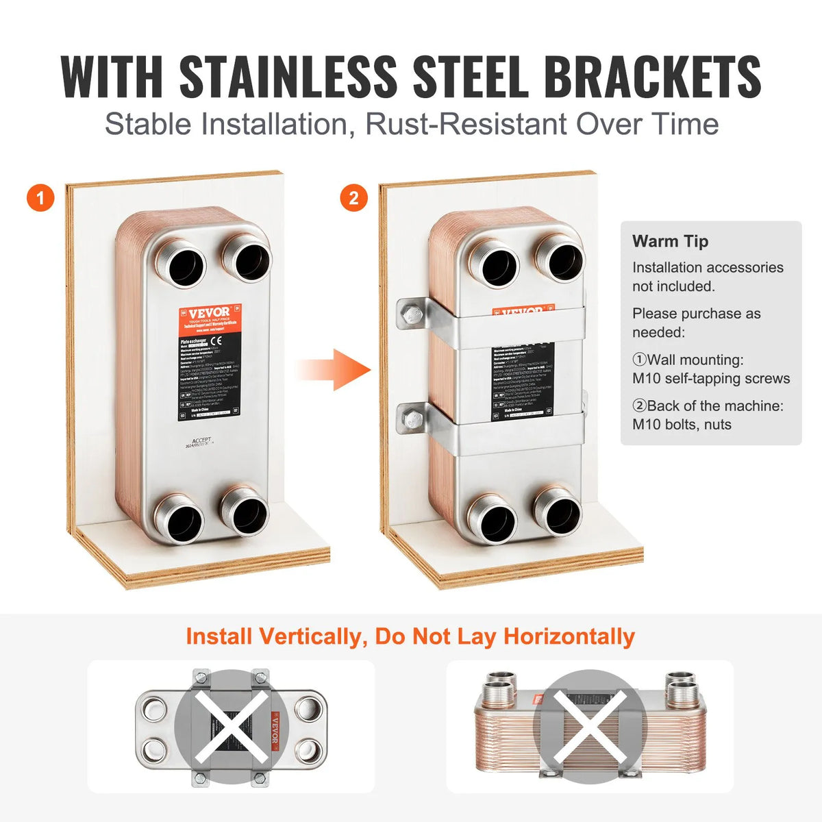 VEVOR Brazed Plate Heat Exchanger, 127 × 305 mm, 30 Plates, Copper and 316L Stainless Steel Water-to-Water Heat Exchanger for Underfloor Heating, Water Heating, Snow Melting and Beer Cooling