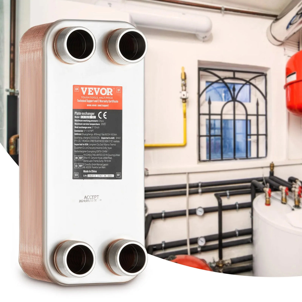 VEVOR Brazed Plate Heat Exchanger, 127 × 305 mm, 30 Plates, Copper and 316L Stainless Steel Water-to-Water Heat Exchanger for Underfloor Heating, Water Heating, Snow Melting and Beer Cooling