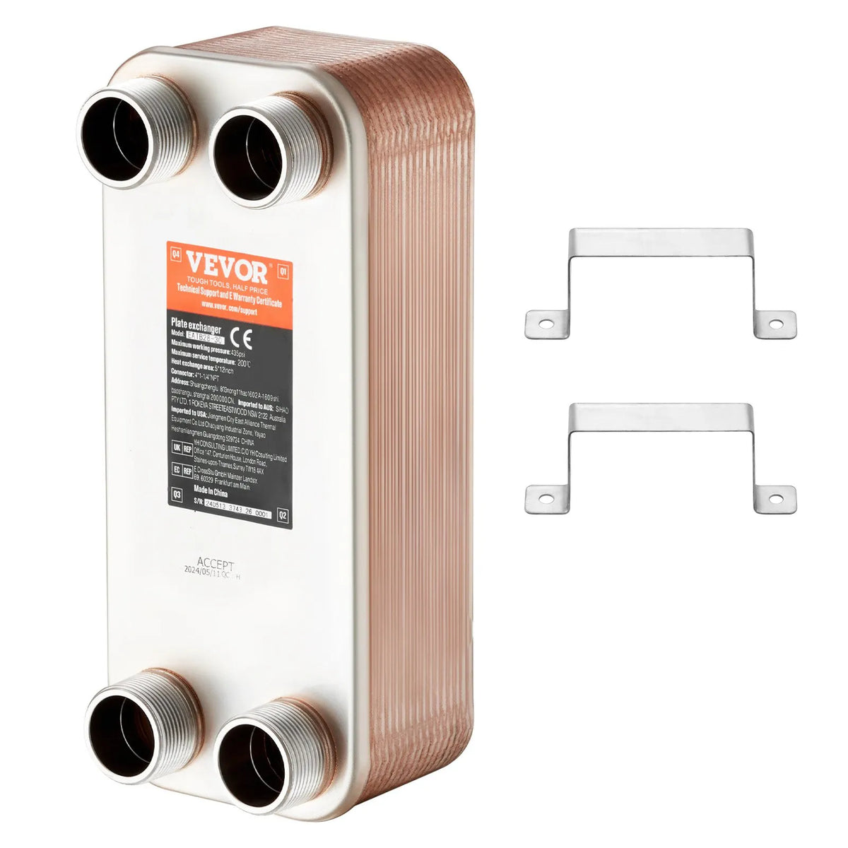 VEVOR Brazed Plate Heat Exchanger, 127 × 305 mm, 30 Plates, Copper and 316L Stainless Steel Water-to-Water Heat Exchanger for Underfloor Heating, Water Heating, Snow Melting and Beer Cooling