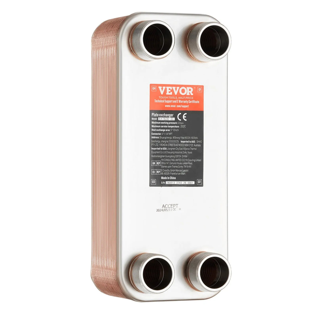 VEVOR Brazed Plate Heat Exchanger, 127 × 305 mm, 30 Plates, Copper and 316L Stainless Steel Water-to-Water Heat Exchanger for Underfloor Heating, Water Heating, Snow Melting and Beer Cooling
