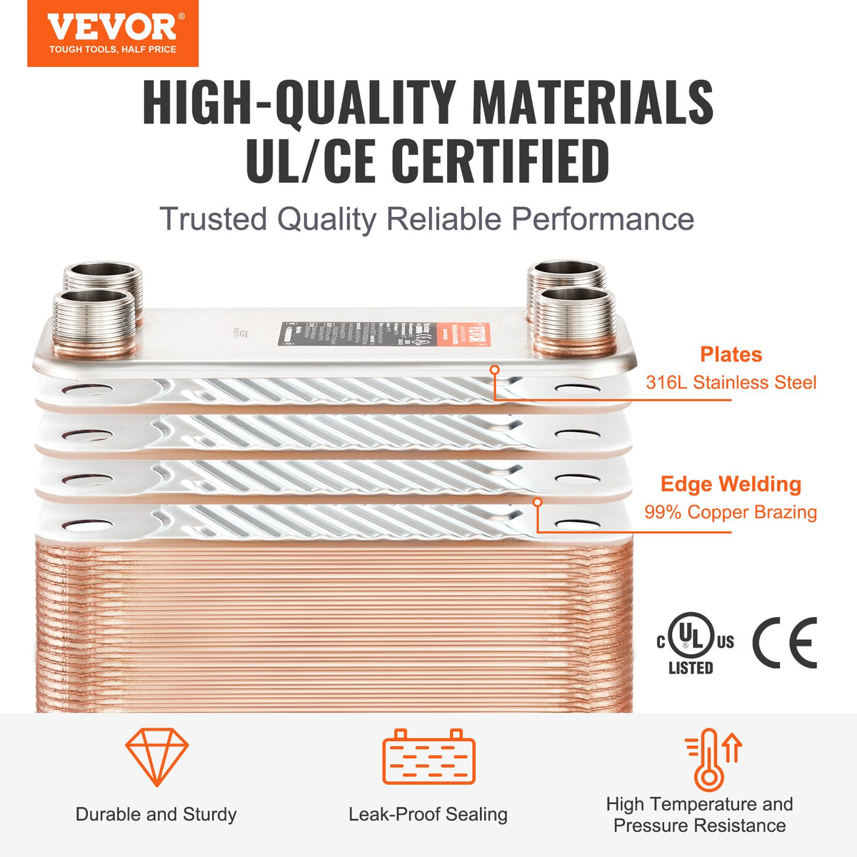 VEVOR 50 Plates Heat Exchanger 4*25.4 mm- 25.4 mm MNPT Connections 12.7 x 30.5 cm Heavy Duty Brazed 316L Stainless Steel