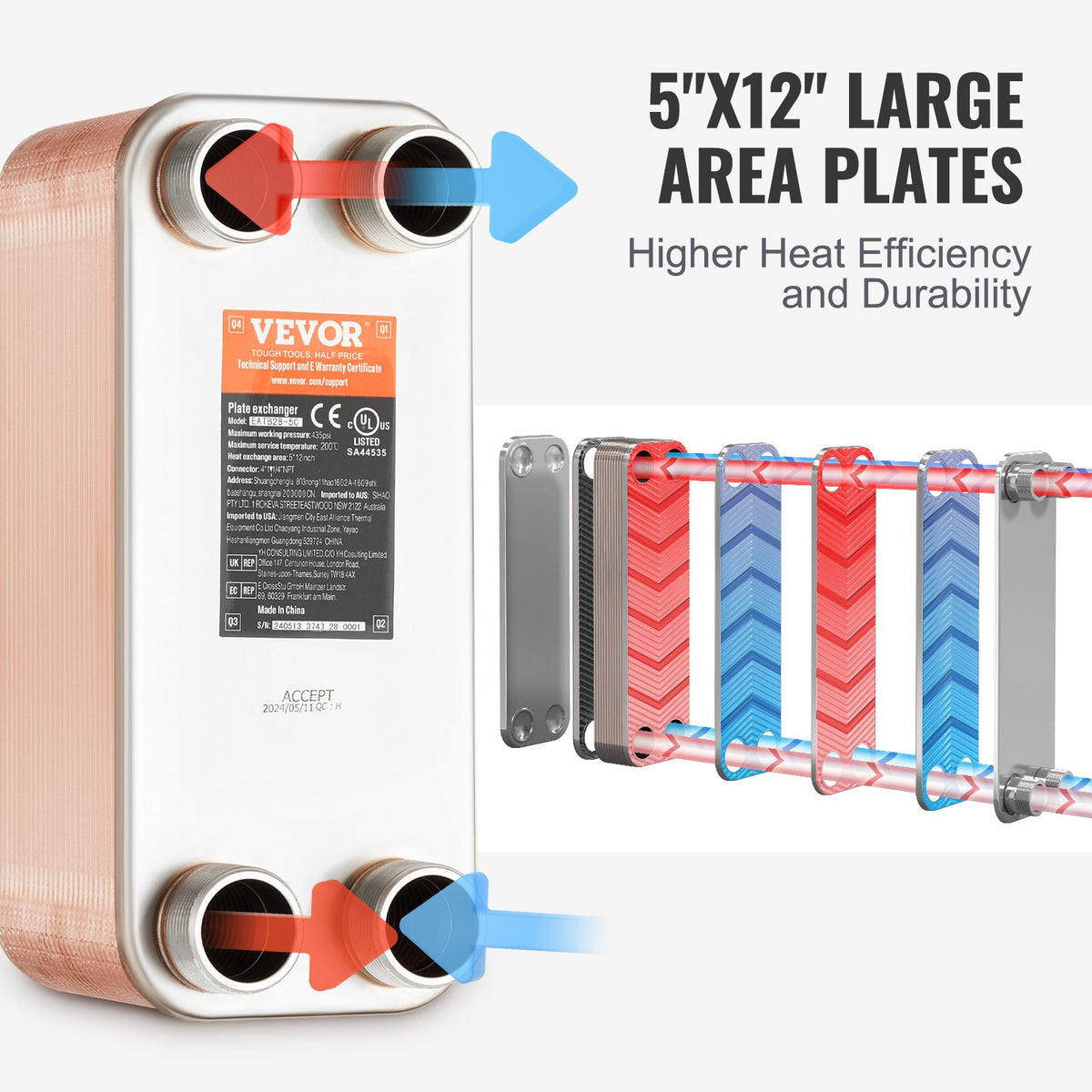 VEVOR 50 Plates Heat Exchanger 4*25.4 mm- 25.4 mm MNPT Connections 12.7 x 30.5 cm Heavy Duty Brazed 316L Stainless Steel