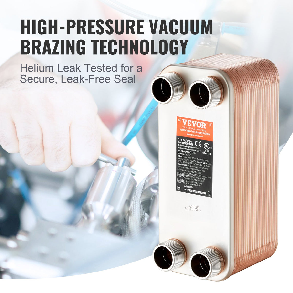 VEVOR 50 Plates Heat Exchanger 4*25.4 mm- 25.4 mm MNPT Connections 12.7 x 30.5 cm Heavy Duty Brazed 316L Stainless Steel