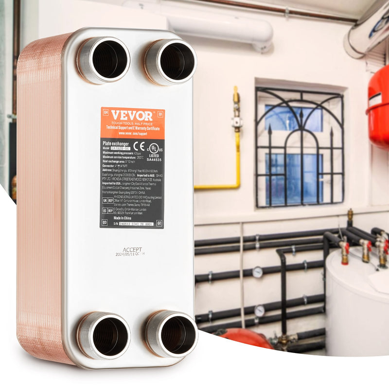 VEVOR 50 Plates Siltummaiņas Ierīce 4*25,4 mm- 25,4 mm MNPT Pieslēgumi 12,7 x 30,5 cm Svarīga Brazētā 316L Nerūsējošā Tērauda