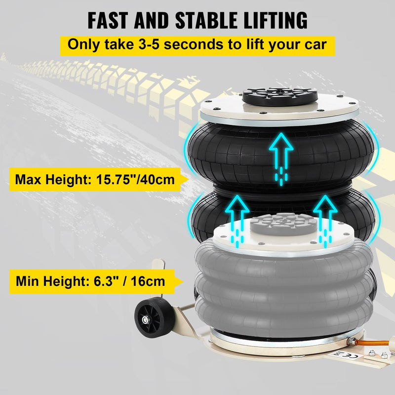 VEVOR 5 T5000 kg pneimatiskā pacēlāja trīskāršais maisa gaisa pacēlājs, pacelšanas augstums 16,5-40,6 cm, 5000 kg ietilpība, ātrs pacelšanas laiks