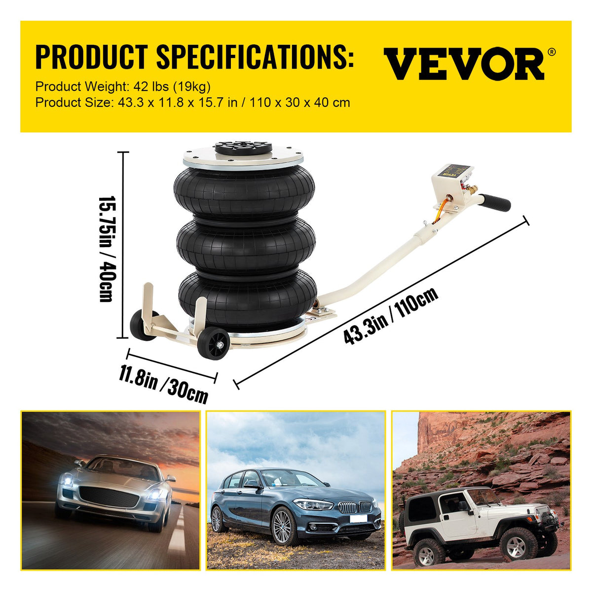 VEVOR 5 T5000 kg Pneumatic Triple Bag Air Lift Jack, Lifting Height 16.5-40.6 cm, 5000 kg Capacity, Fast Lifting Time