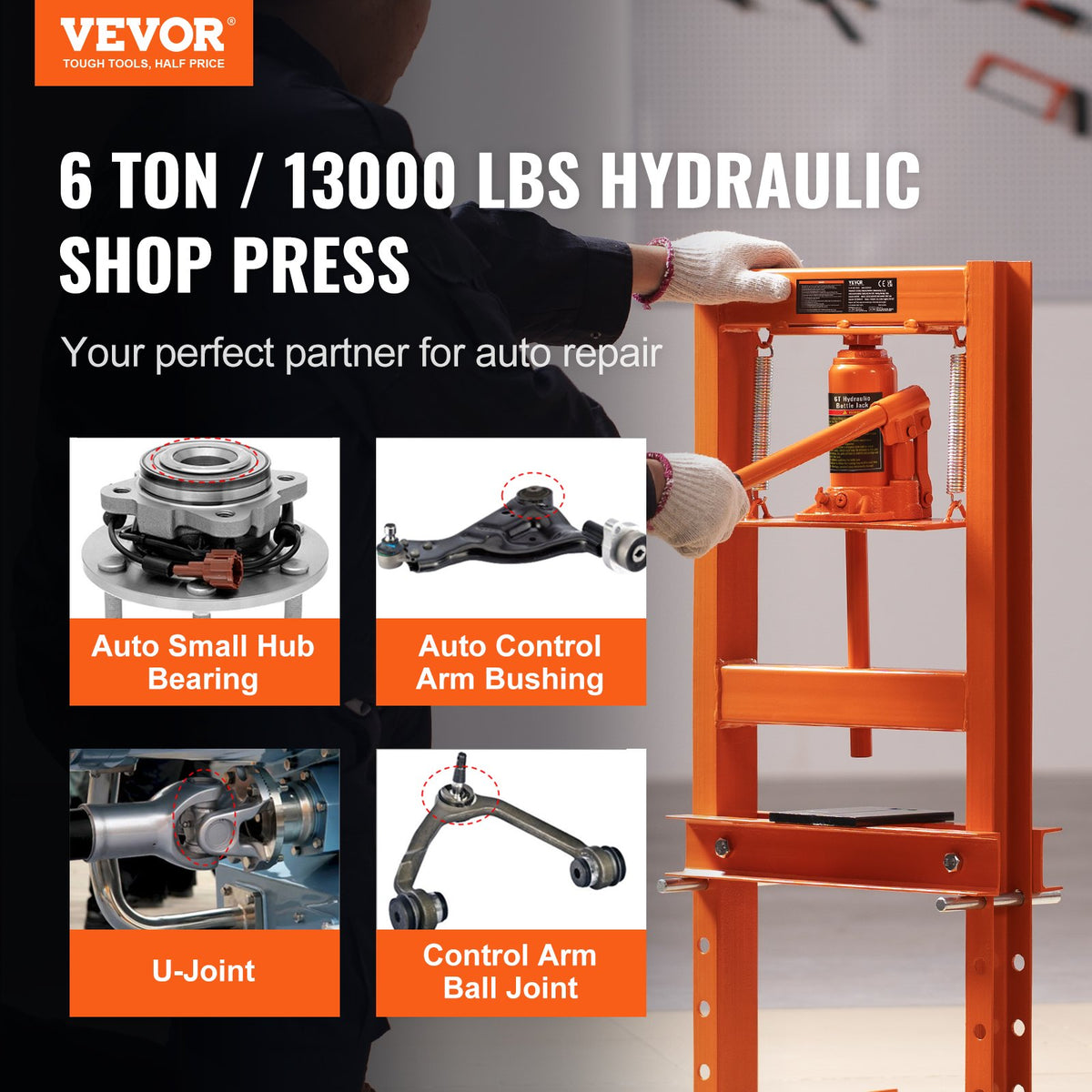 VEVOR 6 Tonne Hydraulic Workshop Press with Pressing Plates, H-Frame Bench Press with Stand