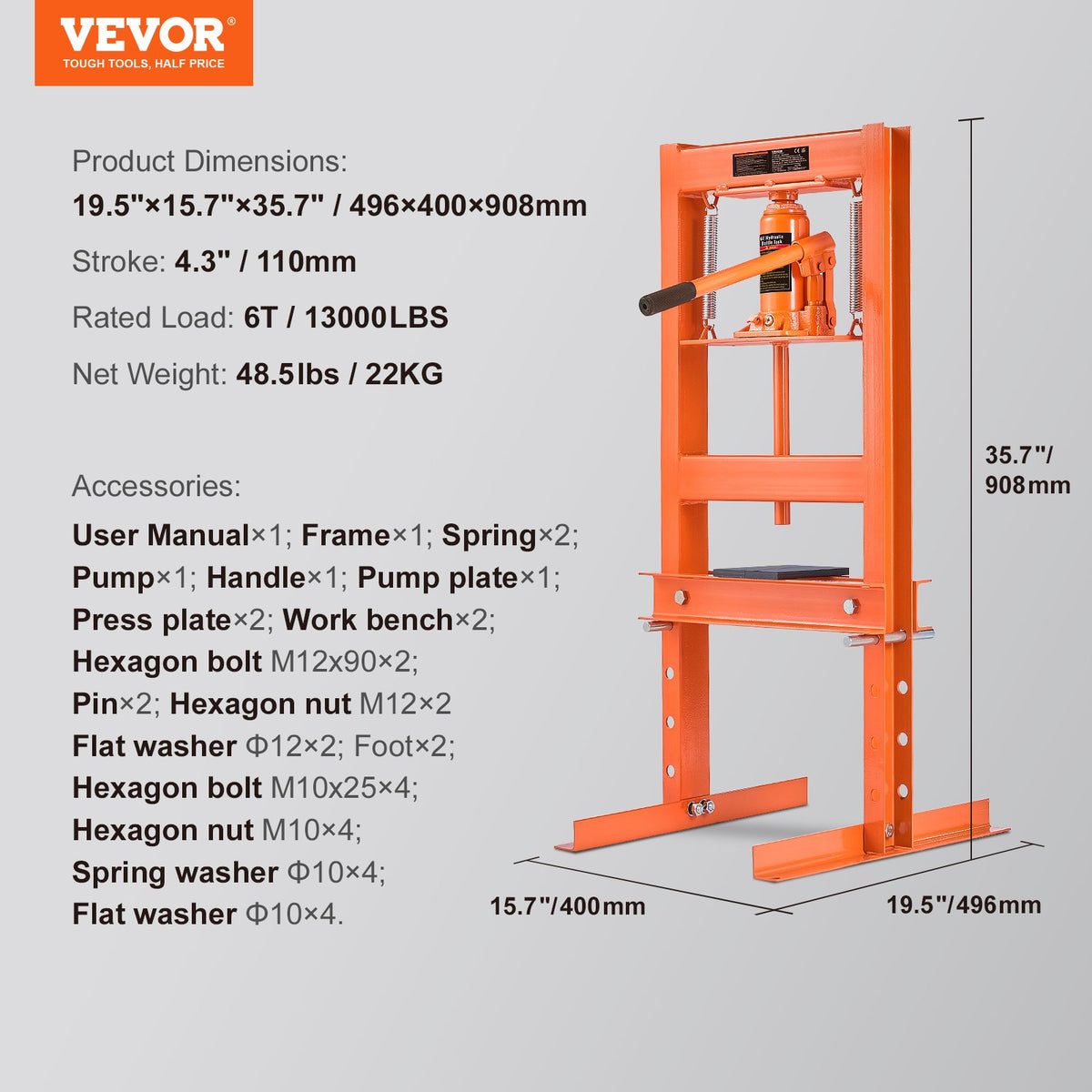 VEVOR 6 Tonne Hydraulic Workshop Press with Pressing Plates, H-Frame Bench Press with Stand