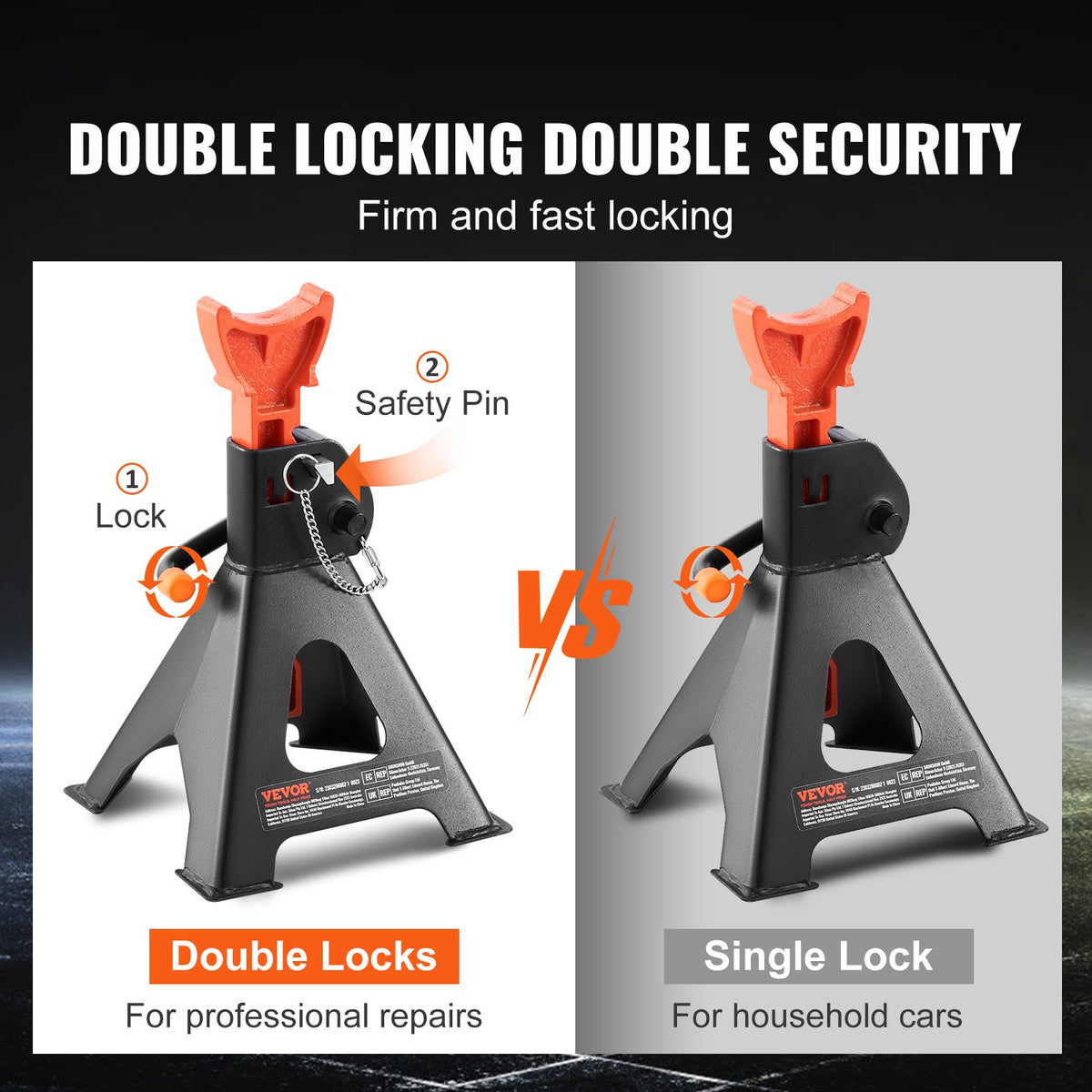VEVOR Jack Stands, 3 Tonne Capacity, Dual Locking, Height Adjustable 275-415 mm, Suitable for SUV, Pickup Trucks, Cars and UTV/ATV, Red, 1 Pair
