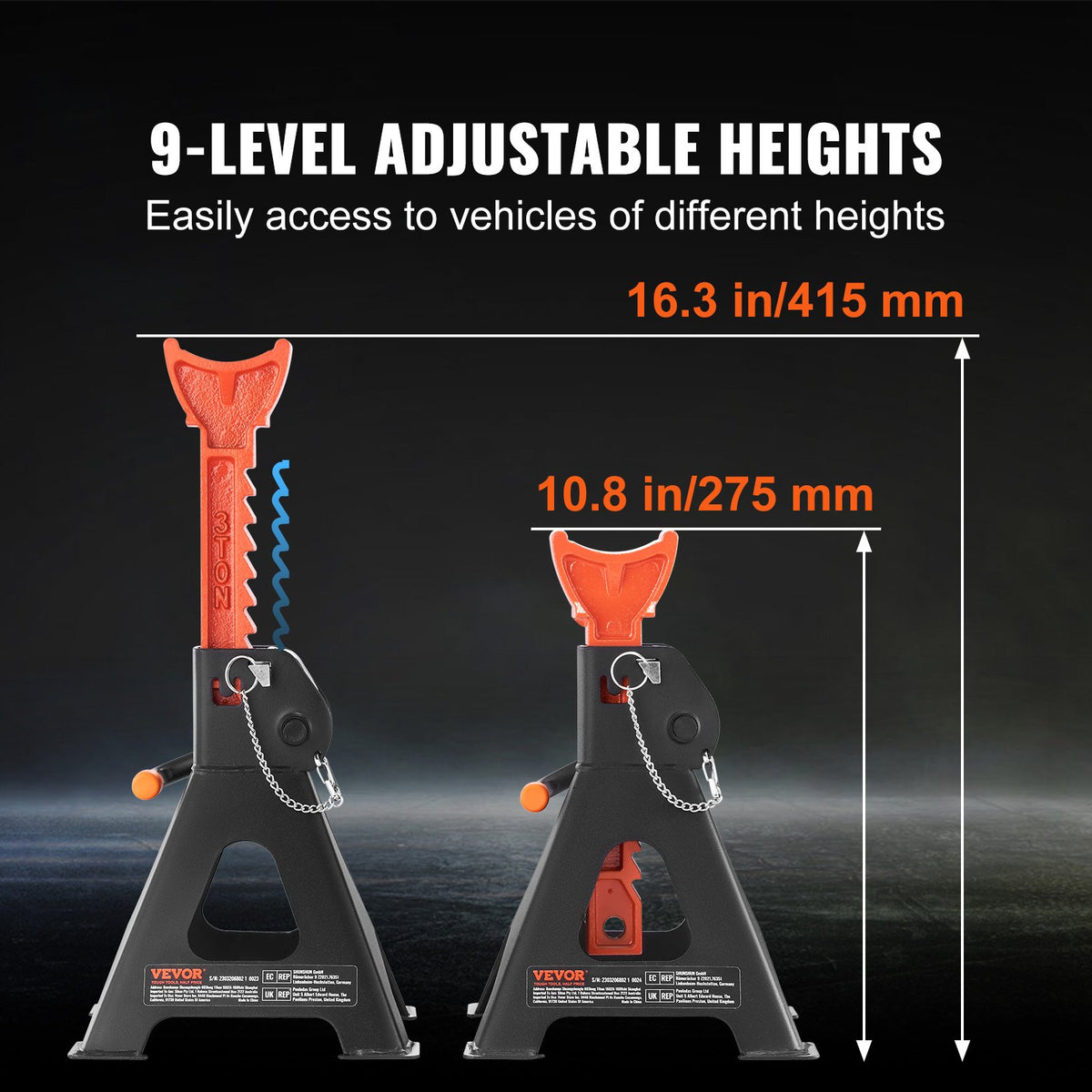 VEVOR Jack Stands, 3 Tonne Capacity, Dual Locking, Height Adjustable 275-415 mm, Suitable for SUV, Pickup Trucks, Cars and UTV/ATV, Red, 1 Pair