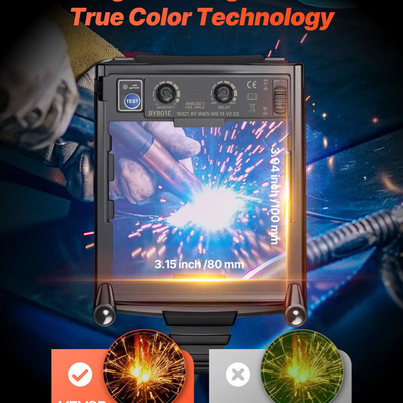 VEVOR automātiski aptumšojoša metināšanas ķivere ar 100 × 80 mm "True Color" skata logu, saules enerģijas barošanu un 4 loka sensoriem, tonējums 4/5-9/9-13, piemērota TIG, MIG metināšanai, griešanai un slīpēšanai - METIS sērija