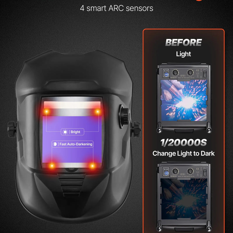 VEVOR automātiski aptumšojoša metināšanas ķivere ar 100 × 80 mm "True Color" skata logu, saules enerģijas barošanu un 4 loka sensoriem, tonējums 4/5-9/9-13, piemērota TIG, MIG metināšanai, griešanai un slīpēšanai - METIS sērija