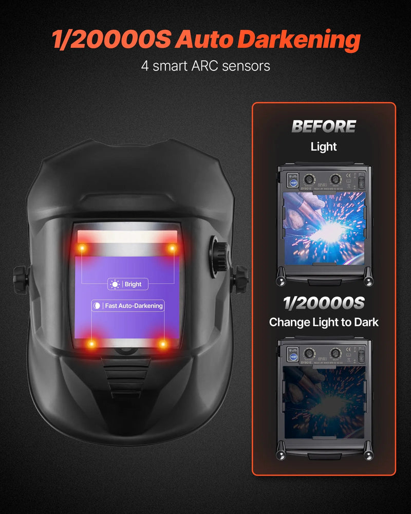 VEVOR automātiski aptumšojoša metināšanas ķivere ar 100 × 80 mm "True Color" skata logu, saules enerģijas barošanu un 4 loka sensoriem, tonējums 4/5-9/9-13, piemērota TIG, MIG metināšanai, griešanai un slīpēšanai - METIS sērija