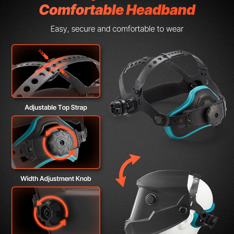 VEVOR automātiski aptumšojoša metināšanas ķivere ar 100 × 80 mm "True Color" skata logu, saules enerģijas barošanu un 4 loka sensoriem, tonējums 4/5-9/9-13, piemērota TIG, MIG metināšanai, griešanai un slīpēšanai - METIS sērija