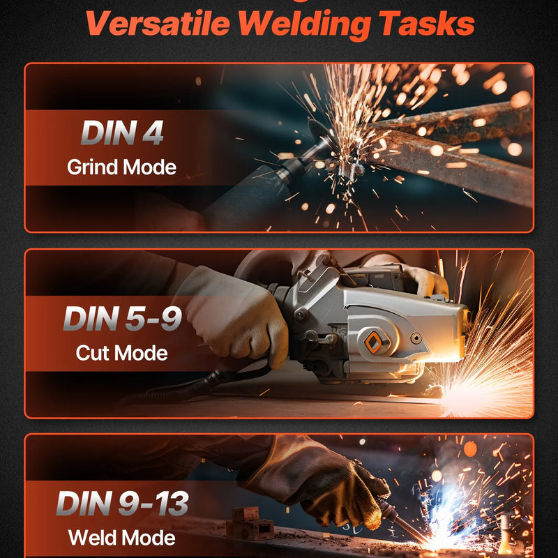 VEVOR automātiski aptumšojoša metināšanas ķivere ar 100 × 80 mm "True Color" skata logu, saules enerģijas barošanu un 4 loka sensoriem, tonējums 4/5-9/9-13, piemērota TIG, MIG metināšanai, griešanai un slīpēšanai - METIS sērija