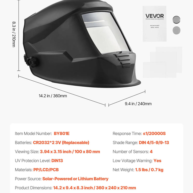 VEVOR automātiski aptumšojoša metināšanas ķivere ar 100 × 80 mm "True Color" skata logu, saules enerģijas barošanu un 4 loka sensoriem, tonējums 4/5-9/9-13, piemērota TIG, MIG metināšanai, griešanai un slīpēšanai - METIS sērija