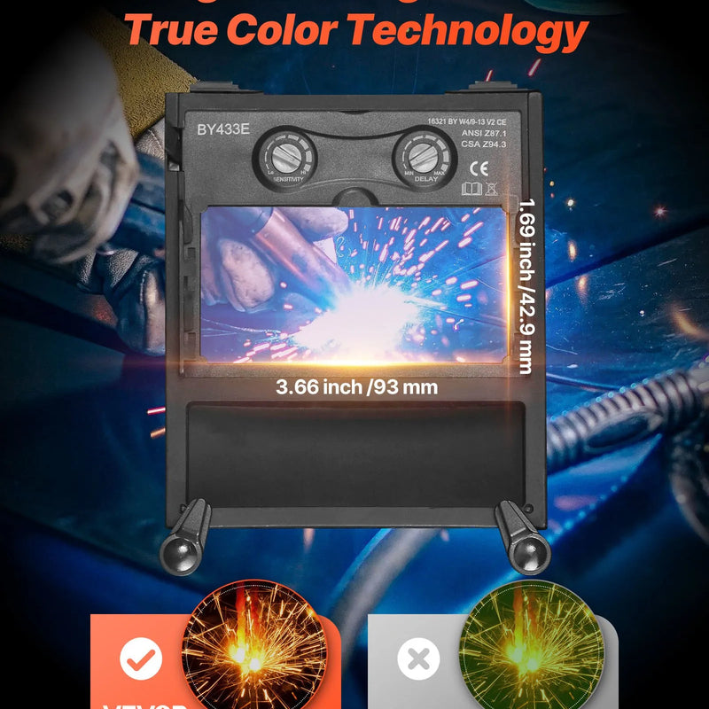 VEVOR automātiski aptumšojoša metināšanas maska, 93 × 43 mm "True Color" skata logs, saules enerģijas darbināma metinātāja ķivere ar 2 loka sensoriem, filtra tonis 4/9-13, piemērota TIG, MIG, ARC metināšanai un slīpēšanai - CRIUS sērija (matēti melna)