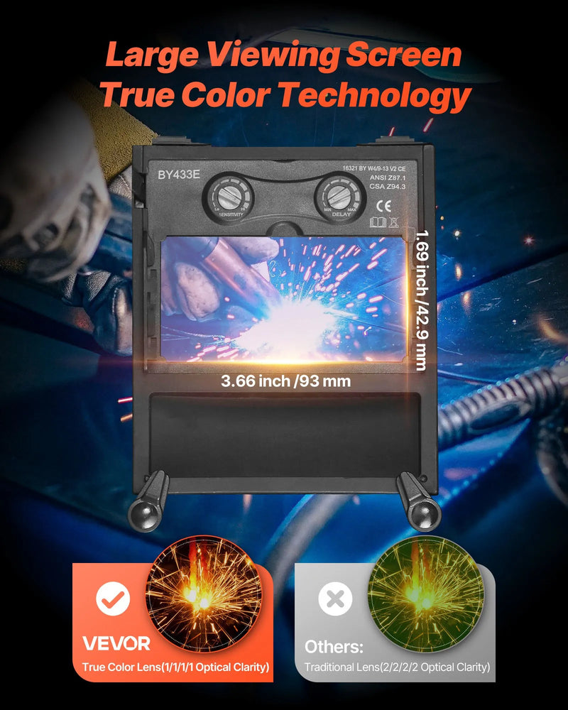 VEVOR automātiski aptumšojoša metināšanas maska, 93 × 43 mm "True Color" skata logs, saules enerģijas darbināma metinātāja ķivere ar 2 loka sensoriem, filtra tonis 4/9-13, piemērota TIG, MIG, ARC metināšanai un slīpēšanai - CRIUS sērija (matēti melna)