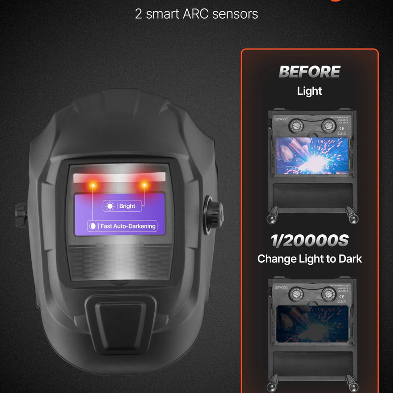 VEVOR automātiski aptumšojoša metināšanas maska, 93 × 43 mm "True Color" skata logs, saules enerģijas darbināma metinātāja ķivere ar 2 loka sensoriem, filtra tonis 4/9-13, piemērota TIG, MIG, ARC metināšanai un slīpēšanai - CRIUS sērija (matēti melna)