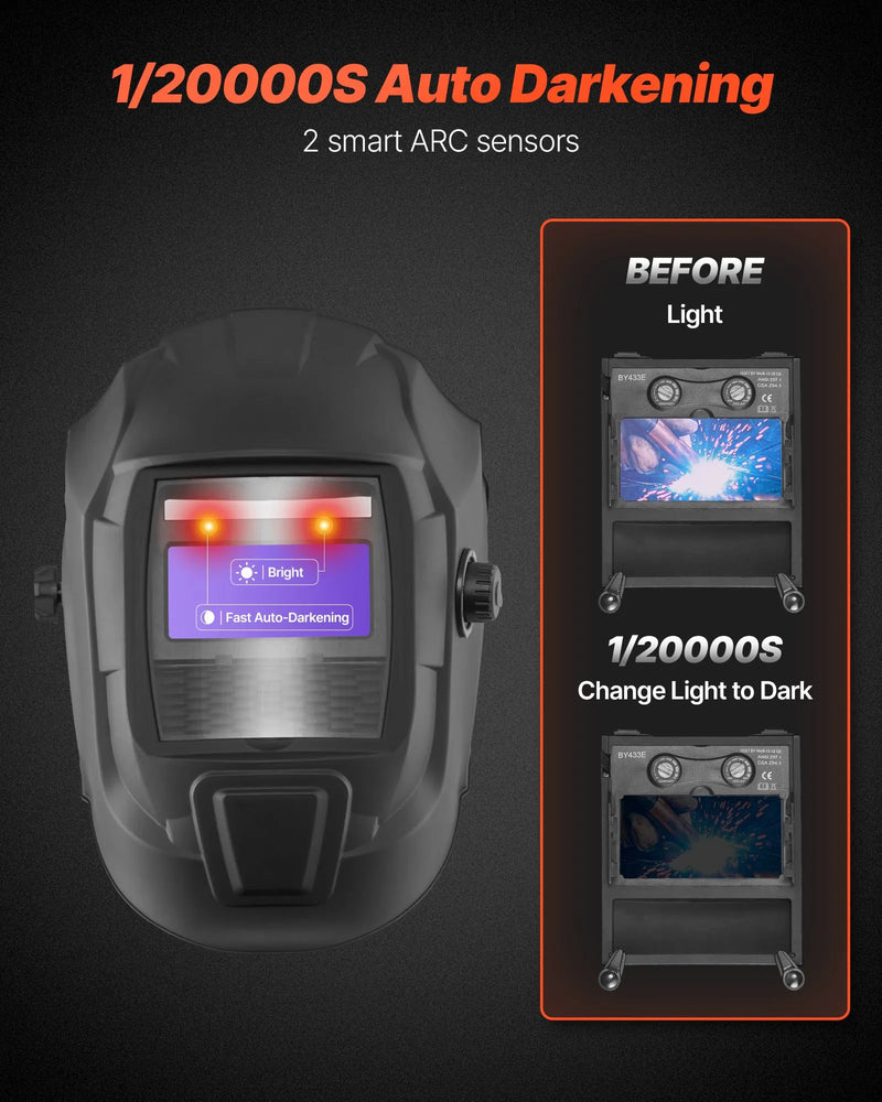 VEVOR automātiski aptumšojoša metināšanas maska, 93 × 43 mm "True Color" skata logs, saules enerģijas darbināma metinātāja ķivere ar 2 loka sensoriem, filtra tonis 4/9-13, piemērota TIG, MIG, ARC metināšanai un slīpēšanai - CRIUS sērija (matēti melna)