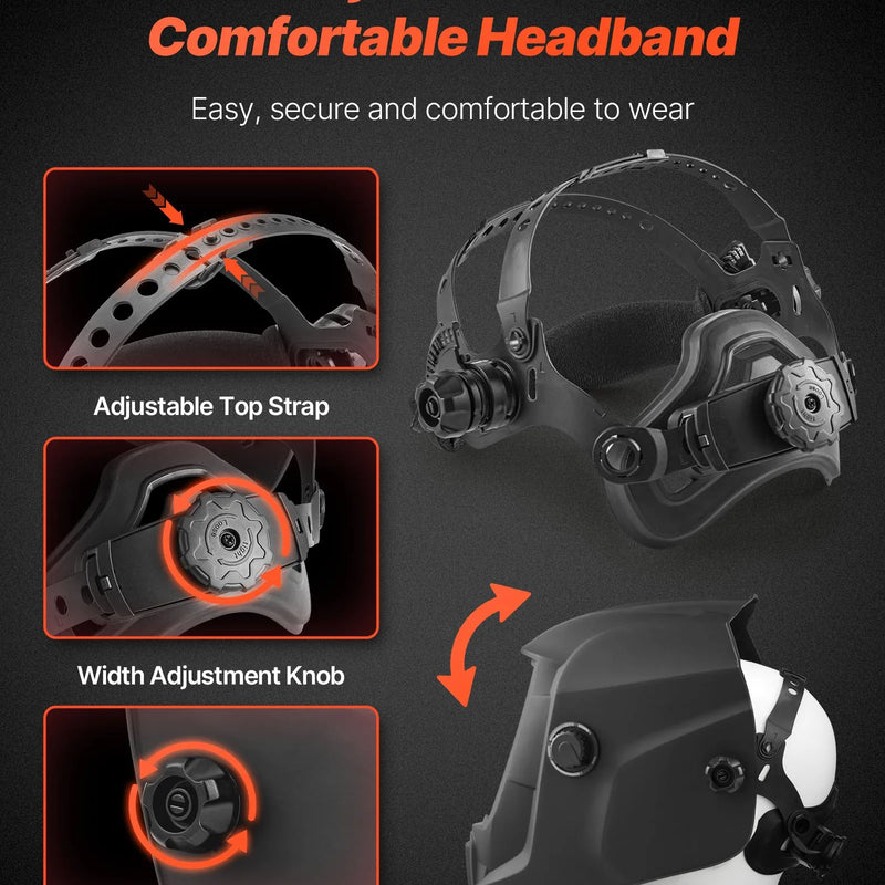 VEVOR automātiski aptumšojoša metināšanas maska, 93 × 43 mm "True Color" skata logs, saules enerģijas darbināma metinātāja ķivere ar 2 loka sensoriem, filtra tonis 4/9-13, piemērota TIG, MIG, ARC metināšanai un slīpēšanai - CRIUS sērija (matēti melna)