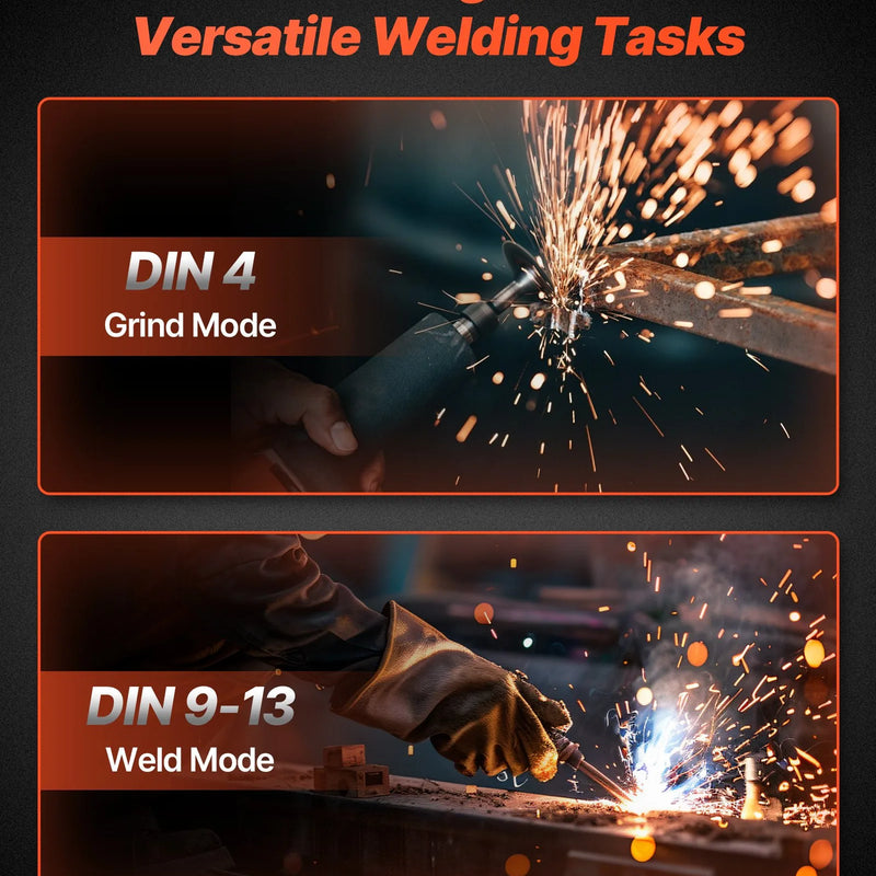 VEVOR automātiski aptumšojoša metināšanas maska, 93 × 43 mm "True Color" skata logs, saules enerģijas darbināma metinātāja ķivere ar 2 loka sensoriem, filtra tonis 4/9-13, piemērota TIG, MIG, ARC metināšanai un slīpēšanai - CRIUS sērija (matēti melna)