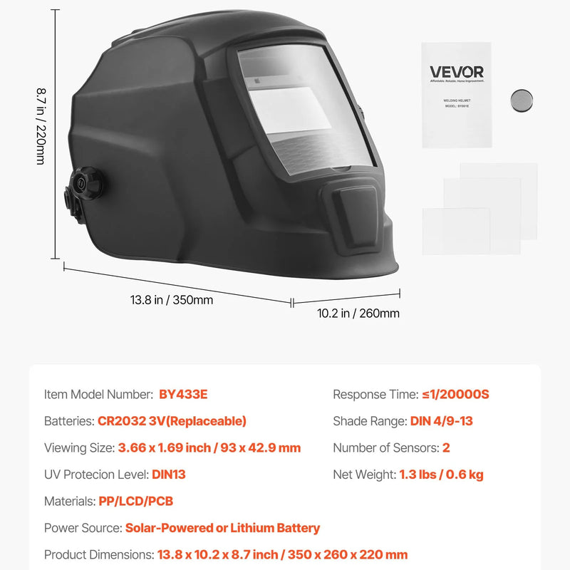 VEVOR automātiski aptumšojoša metināšanas maska, 93 × 43 mm "True Color" skata logs, saules enerģijas darbināma metinātāja ķivere ar 2 loka sensoriem, filtra tonis 4/9-13, piemērota TIG, MIG, ARC metināšanai un slīpēšanai - CRIUS sērija (matēti melna)