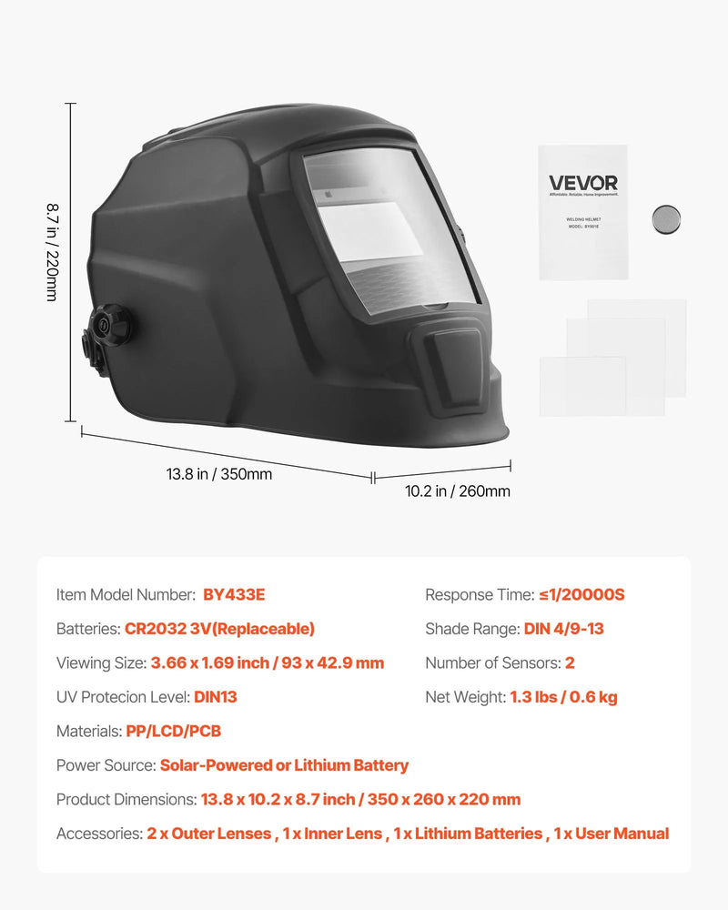 VEVOR automātiski aptumšojoša metināšanas maska, 93 × 43 mm "True Color" skata logs, saules enerģijas darbināma metinātāja ķivere ar 2 loka sensoriem, filtra tonis 4/9-13, piemērota TIG, MIG, ARC metināšanai un slīpēšanai - CRIUS sērija (matēti melna)