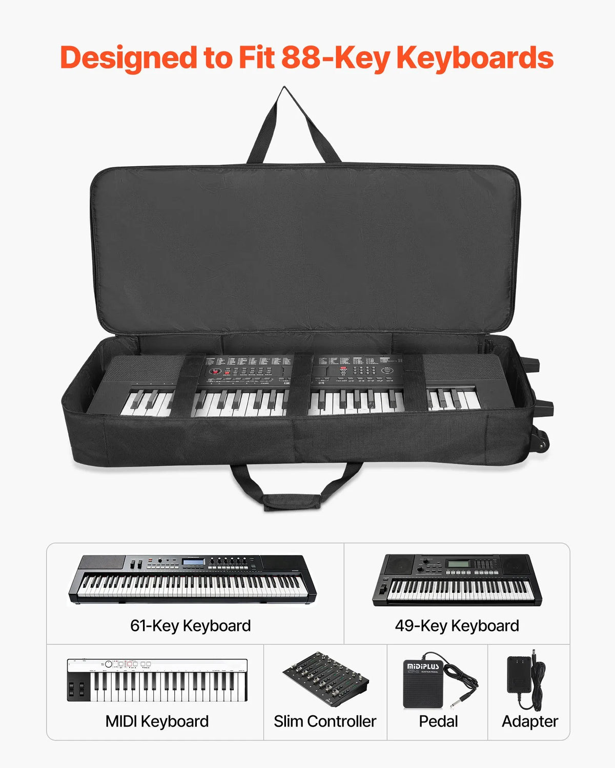 VEVOR 88-Key Keyboard Bag with Wheels 104 × 43 × 13 cm, Padded, 3 Pockets