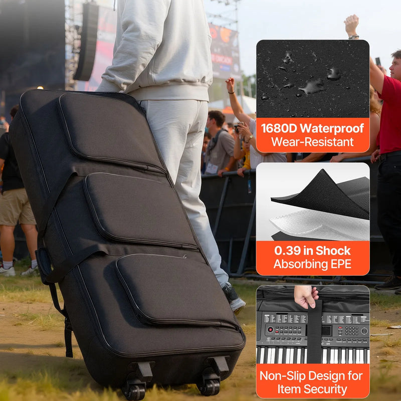 VEVOR 88 taustiņu klaviatūras soma, 1040 × 430 × 130 mm iekšējie izmēri, polsterēta klavieru soma ar riteņiem, izturīgs rokturis, 3 kabatu uzglabāšana, transportēšanas soma ar gludiem riteņiem 88 taustiņu klaviatūrām un elektriskajām klavierēm