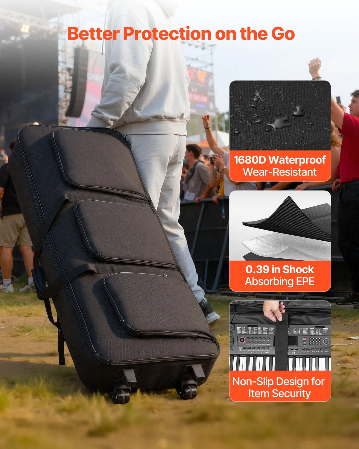 VEVOR 88-Key Keyboard Bag with Wheels 104 × 43 × 13 cm, Padded, 3 Pockets
