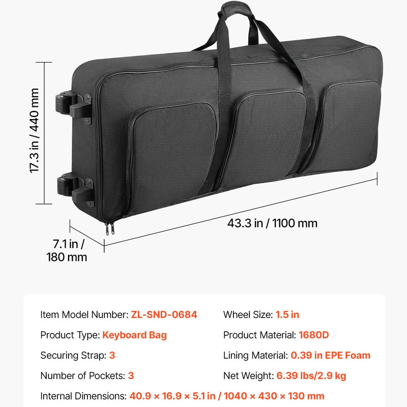 VEVOR 88 taustiņu klaviatūras soma, 1040 × 430 × 130 mm iekšējie izmēri, polsterēta klavieru soma ar riteņiem, izturīgs rokturis, 3 kabatu uzglabāšana, transportēšanas soma ar gludiem riteņiem 88 taustiņu klaviatūrām un elektriskajām klavierēm